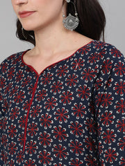 Women Navy Blue Three-Quarter Sleeves Anarkali Kurta With Palazzo and pockets