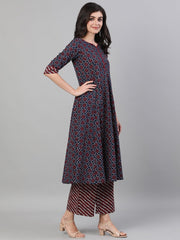 Women Navy Blue Three-Quarter Sleeves Anarkali Kurta With Palazzo and pockets