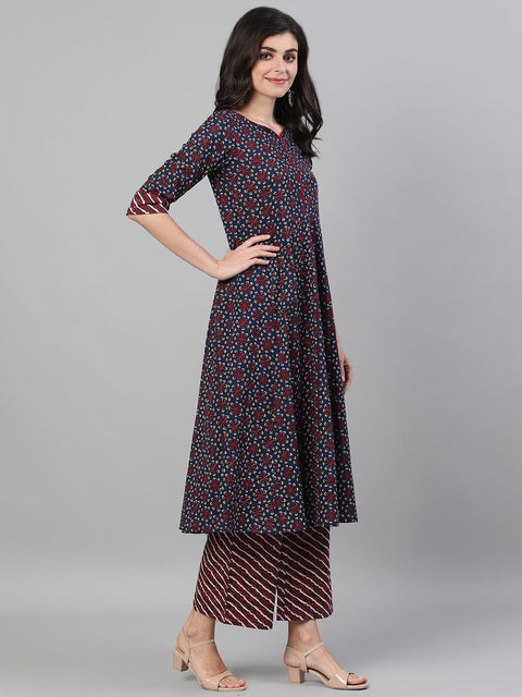 Women Navy Blue Three-Quarter Sleeves Anarkali Kurta With Palazzo and pockets