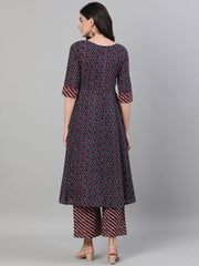 Women Navy Blue Three-Quarter Sleeves Anarkali Kurta With Palazzo and pockets