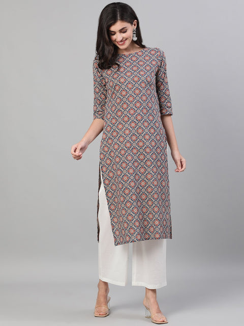 Women Blue Calf Length Three-Quarter Sleeves Straight Ethnic Motif Printed Cotton Kurta with pockets