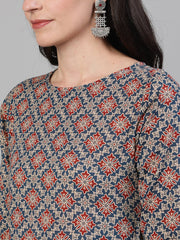 Women Blue Calf Length Three-Quarter Sleeves Straight Ethnic Motif Printed Cotton Kurta with pockets