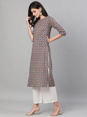 Women Blue Calf Length Three-Quarter Sleeves Straight Ethnic Motif Printed Cotton Kurta with pockets