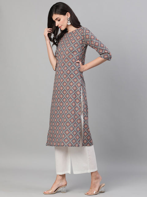 Women Blue Calf Length Three-Quarter Sleeves Straight Ethnic Motif Printed Cotton Kurta with pockets