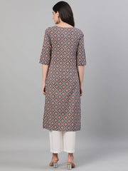 Women Blue Calf Length Three-Quarter Sleeves Straight Ethnic Motif Printed Cotton Kurta with pockets