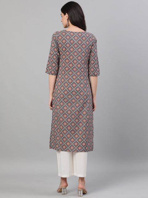 Women Blue Calf Length Three-Quarter Sleeves Straight Ethnic Motif Printed Cotton Kurta with pockets