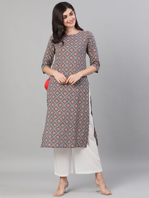 Women Blue Calf Length Three-Quarter Sleeves Straight Ethnic Motif Printed Cotton Kurta with pockets