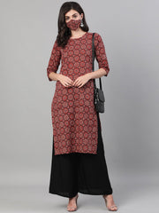 Women Maroon Calf Length Three-Quarter Sleeves Straight Ethnic Motif Printed Cotton Kurta with pockets And Face Mask