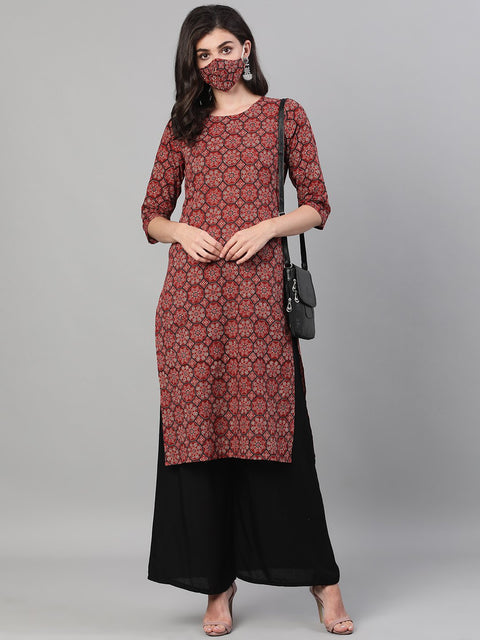 Women Maroon Calf Length Three-Quarter Sleeves Straight Ethnic Motif Printed Cotton Kurta with pockets And Face Mask