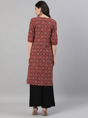 Women Maroon Calf Length Three-Quarter Sleeves Straight Ethnic Motif Printed Cotton Kurta with pockets And Face Mask