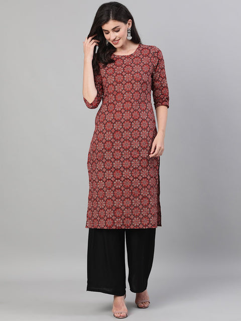 Women Maroon Calf Length Three-Quarter Sleeves Straight Ethnic Motif Printed Cotton Kurta with pockets And Face Mask