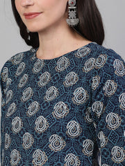 Women Blue Calf Length Three-Quarter Sleeves Straight Bandhani Printed Cotton Kurta with pockets And Face Mask