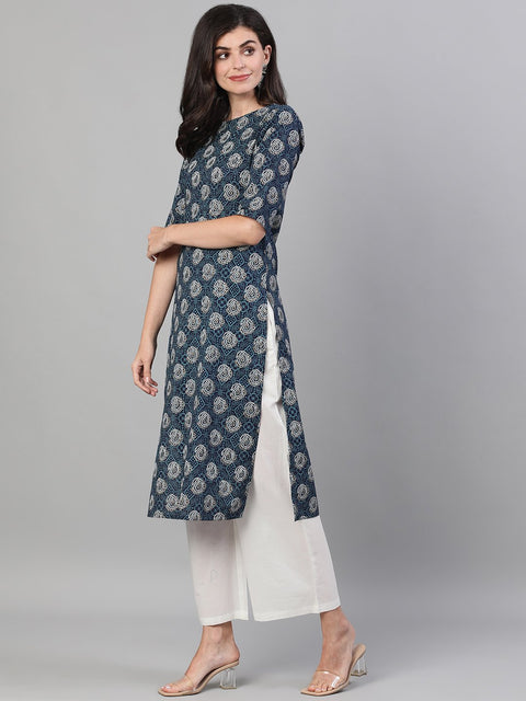 Women Blue Calf Length Three-Quarter Sleeves Straight Bandhani Printed Cotton Kurta with pockets And Face Mask