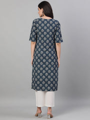 Women Blue Calf Length Three-Quarter Sleeves Straight Bandhani Printed Cotton Kurta with pockets And Face Mask
