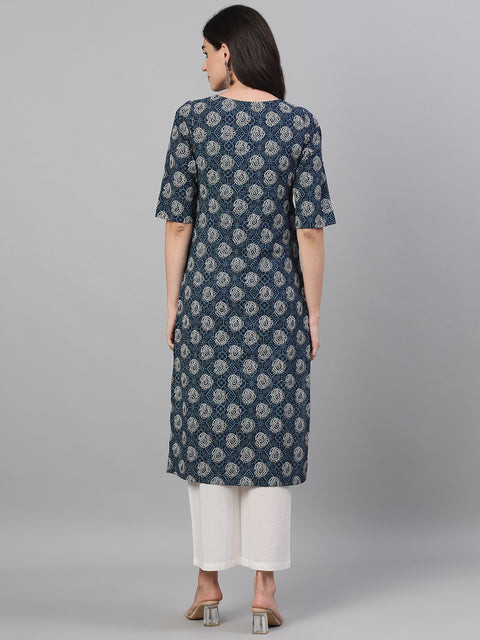 Women Blue Calf Length Three-Quarter Sleeves Straight Bandhani Printed Cotton Kurta with pockets And Face Mask
