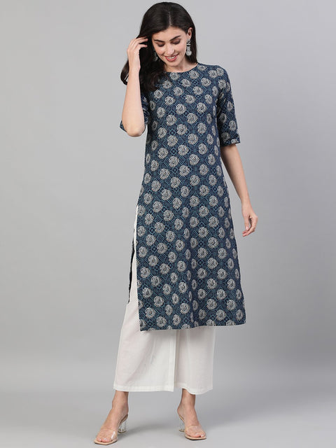 Women Blue Calf Length Three-Quarter Sleeves Straight Bandhani Printed Cotton Kurta with pockets And Face Mask