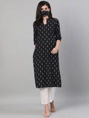 Women Black Calf Length Three-Quarter Sleeves Straight Geometric Printed Cotton Kurta with pockets And Face Mask