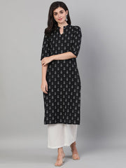 Women Black Calf Length Three-Quarter Sleeves Straight Geometric Printed Cotton Kurta with pockets And Face Mask
