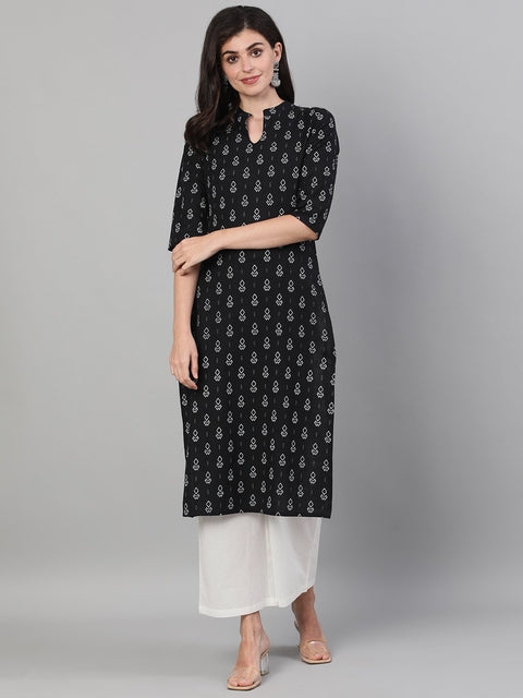 Women Black Calf Length Three-Quarter Sleeves Straight Geometric Printed Cotton Kurta with pockets And Face Mask