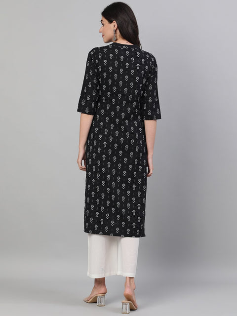 Women Black Three-Quarter Sleeves Straight Kurta With Palazzo and pockets With Face Mask