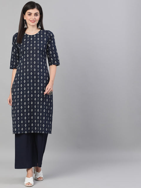 Women Navy Blue Three-Quarter Sleeves Straight Kurta With Palazzo and pockets