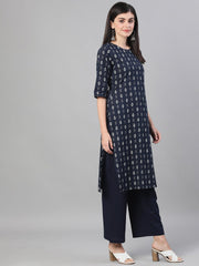 Women Navy Blue Three-Quarter Sleeves Straight Kurta With Palazzo and pockets