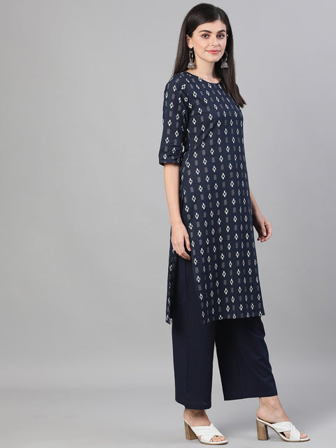 Women Navy Blue Three-Quarter Sleeves Straight Kurta With Palazzo and pockets