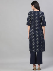 Women Navy Blue Three-Quarter Sleeves Straight Kurta With Palazzo and pockets