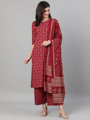 Women Burgundy Gold Printed Three-Quarter Sleeves Straight Kurta With Palazzo and Dupatta with pockets