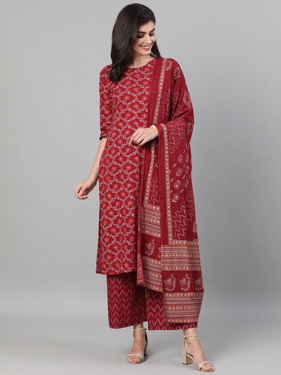 Women Burgundy Gold Printed Three-Quarter Sleeves Straight Kurta With Palazzo and Dupatta with pockets