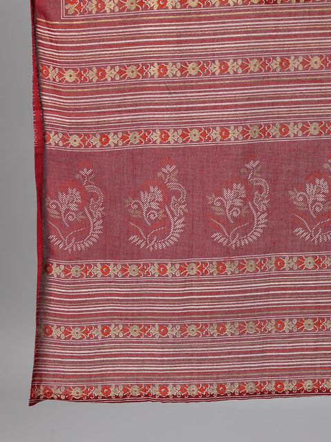 Women Burgundy Gold Printed Three-Quarter Sleeves Straight Kurta With Palazzo and Dupatta with pockets