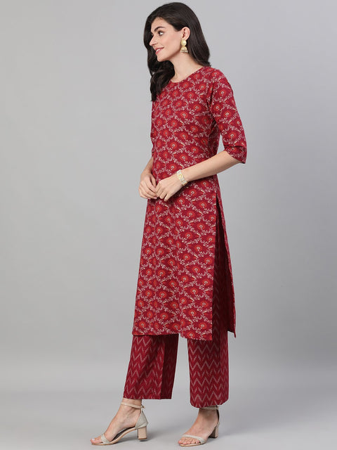 Women Burgundy Gold Printed Three-Quarter Sleeves Straight Kurta With Palazzo and Dupatta with pockets