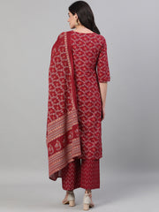Women Burgundy Gold Printed Three-Quarter Sleeves Straight Kurta With Palazzo and Dupatta with pockets