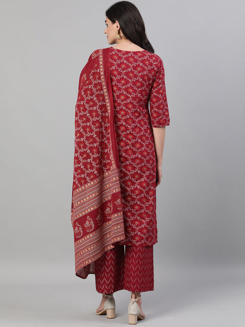 Women Burgundy Gold Printed Three-Quarter Sleeves Straight Kurta With Palazzo and Dupatta with pockets