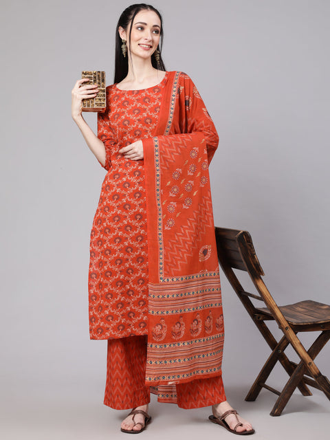 Women Rust Printed Straight Kurta With Plazo & Dupatta