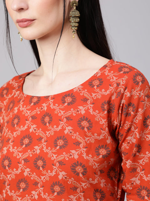 Women Rust Printed Straight Kurta With Plazo & Dupatta