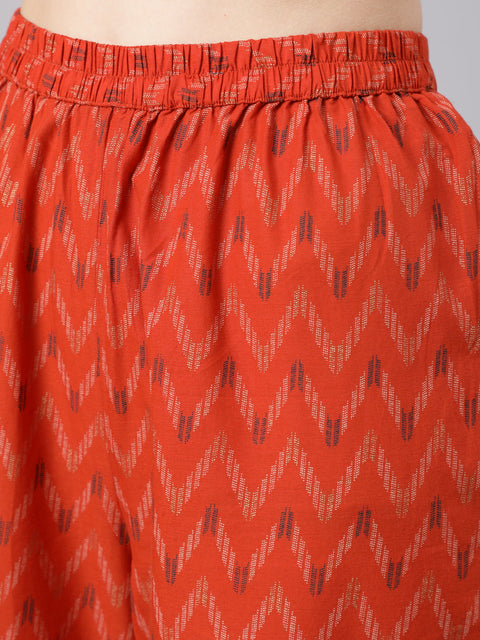 Women Rust Printed Straight Kurta With Plazo & Dupatta