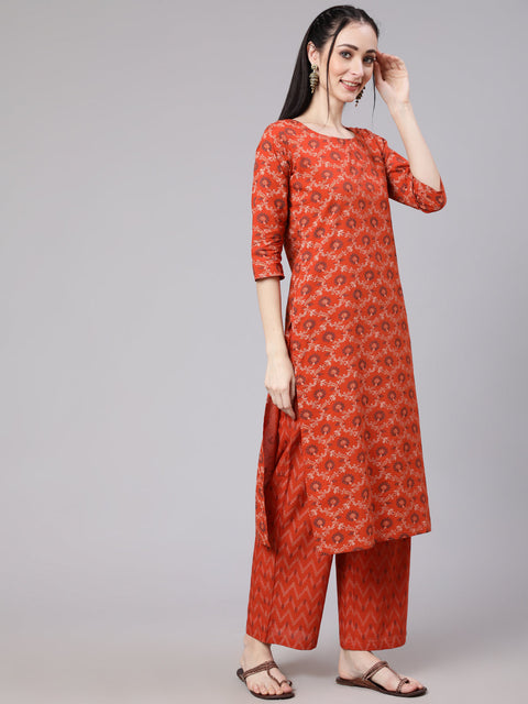 Women Rust Printed Straight Kurta With Plazo & Dupatta