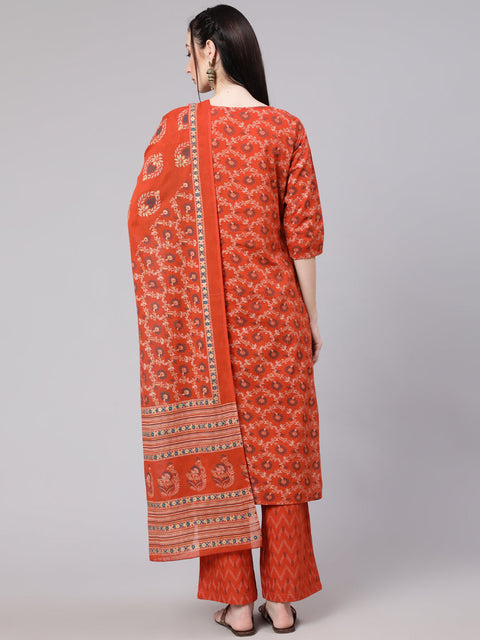 Women Rust Printed Straight Kurta With Plazo & Dupatta