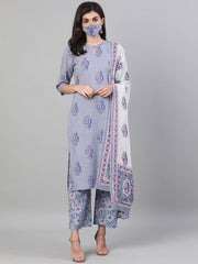 Women Grey Three-Quarter Sleeves Straight Kurta With Palazzo and Dupatta with pockets And Face Mask