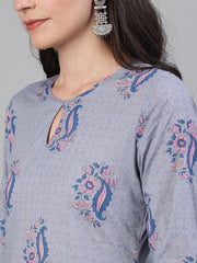 Women Grey Three-Quarter Sleeves Straight Kurta With Palazzo and Dupatta with pockets And Face Mask