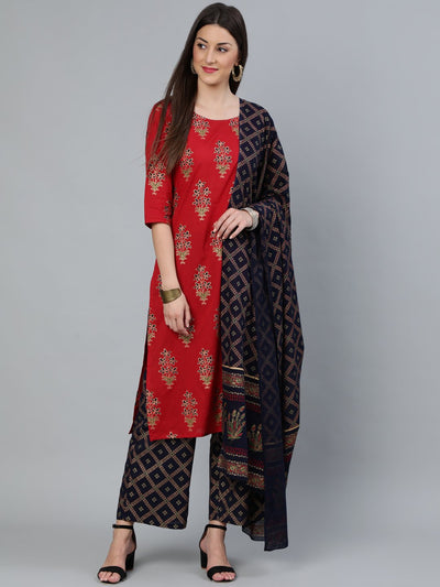 Women Red and Navy Blue Gold Printed Straight Kurta With Palazzo & Dupatta