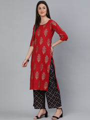 Women Red and Navy Blue Gold Printed Straight Kurta With Palazzo & Dupatta