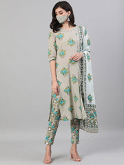 Women Beige Three-Quarter Sleeves Straight Kurta With Palazzo and Dupatta with pockets And Face Mask