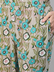 Women Beige Three-Quarter Sleeves Straight Kurta With Palazzo and Dupatta with pockets And Face Mask