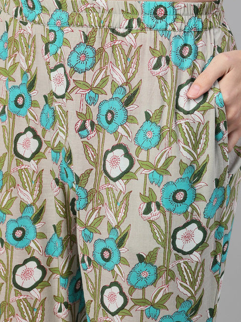 Women Beige Three-Quarter Sleeves Straight Kurta With Palazzo and Dupatta with pockets And Face Mask