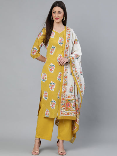 Women Mustard Three-Quarter Sleeves Straight Kurta With Palazzo and Dupatta with pockets