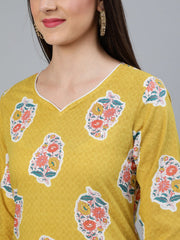 Women Mustard Three-Quarter Sleeves Straight Kurta With Palazzo and Dupatta with pockets