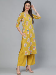 Women Mustard Three-Quarter Sleeves Straight Kurta With Palazzo and Dupatta with pockets