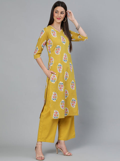 Women Mustard Three-Quarter Sleeves Straight Kurta With Palazzo and Dupatta with pockets